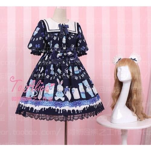 Super Cute Milk Bottle Bear & Bunny Fairytale OP Lolita Dress Half Sleeve Sailor Collar Fancy Dolly Dress Deep Blue & Light Blue