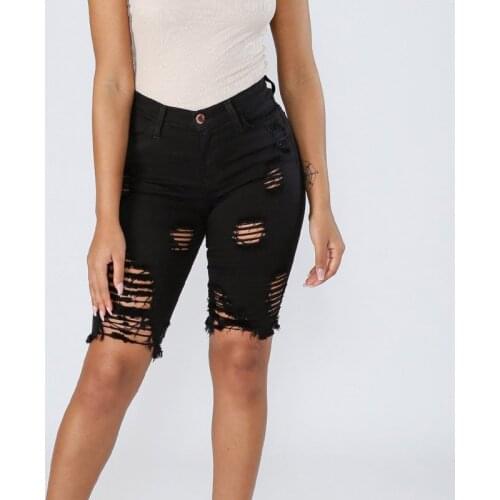 2021 New Weigou Denim Skinny Ripped Shorts Women High Waist Distressed Knee Length Stretch Jeans Slim Shorts