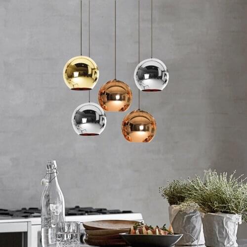 Modern Copper Sliver Gold Shade Glass Ball Mirror Pendant Lamp Plated Bulb LED Hanging Lighting For Dining Living Room