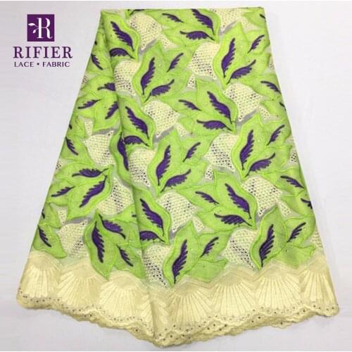Rhinestones Afircan Cotton Lace Leaf Design Embroidered Guipure Cotton Fabrics For India Women Wedding Party Dresses Material