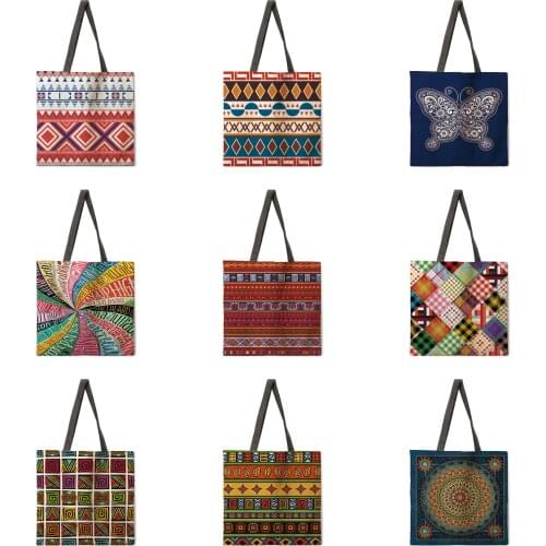 Boho style tote bag linen fabric casual tote bag foldable shopping bag reusable beach bag lady shoulder bag