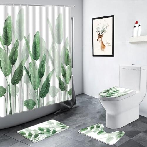 Tropical Plant Leaves Shower Curtain Green Leaf Monstera Flower Nordic Style Decor Bathroom Non-slip Carpet ​Toilet Bath Mat Set