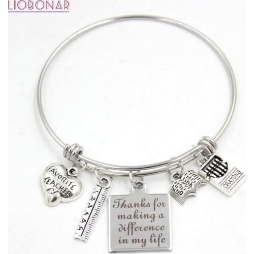 Teachers Jewelry Stainless Steel Bangle Book Ruler Crayons Favorite Teacher Charm Bracelet For Teachers Day Gifts