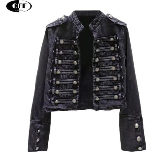 Gothic Vintage Buttons Denim Coats For Women Stand Collar Long Sleeve Streetwear Style Jackets Female Clothes short coat Jacket