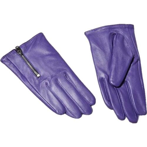 Women Zipper Leathe Gloves Plus Velvet Warm Genuine Sheepskin Leather Gloves Black Short Driving Glove
