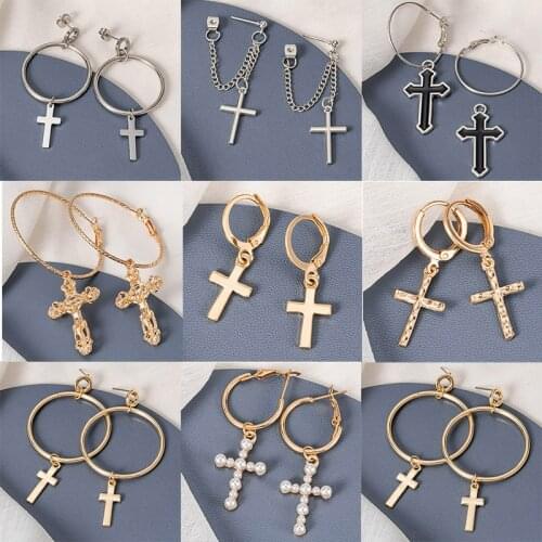 Fashion Unusual crosses Dangle Drop Earrings Metal Pearl Black Gold Silver color Earrings for Women 2021 Trend Unusual Jewelry
