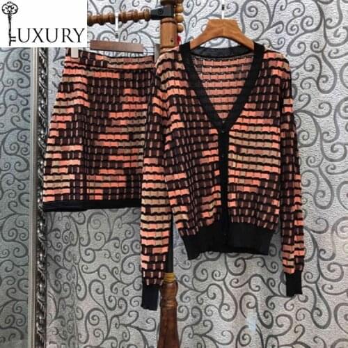 2020 High Quality Sweater Autumn Casual Cardigan Suit Women Lurex Yarn Knitted Cardians+Geometric Patterns Knit Skirt Sets
