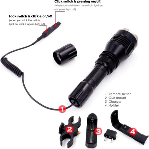 1-Mode Stainless Steel Head HS-802 Cree XM-L2 U3 LED Hunting Tactical Flashlight +1pc Charger/Holster/Remote Switch/Gun Mount