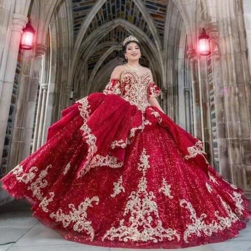 2022 Glitter Red Beaded Ball Gown Quinceanera Dresses Sweetheart Neck Lace Appliqued Sweet 15 Prom Party Gowns