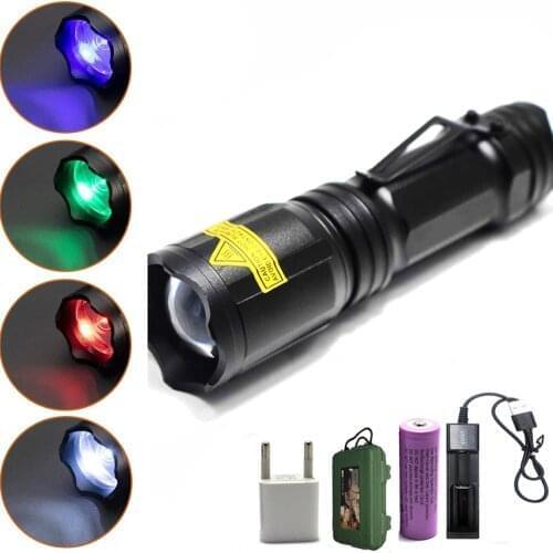 4 in 1 Multicolor flashlight, 300 Lumen Zoomable One Mode White Red Green Blue Light, Hunting Flashlight