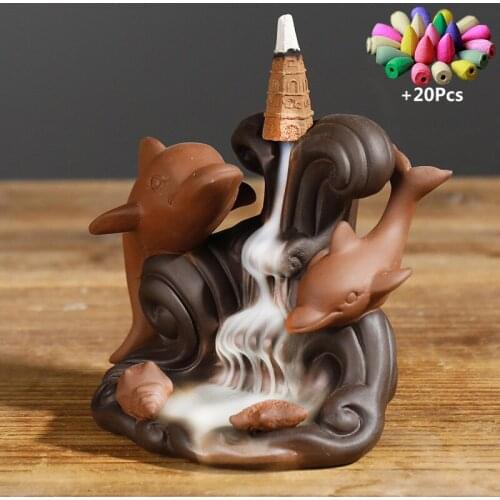 Purple Clay Handcraft Ocean Dolphin Type Waterfall Home office Tea House Decorate Backflow Incense Burner Incense Ceramic Censer