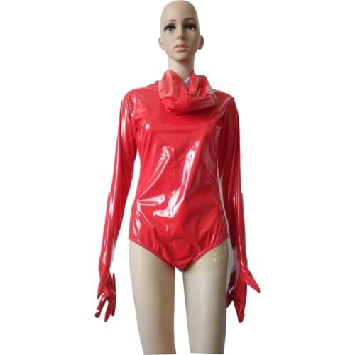 Brand Adult Sexy red Shiny Metallic PVC Faux Leather Zentai half bodysuit Leotard Costume long Sleeve Fancy Dress Party Costume