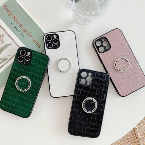 Ring Holder Stand Retro Crocodile Texture PU Leather Phone Case For iPhone 11 12 Mini Pro XS MAX XR X 7 8 Plus SE 2 Cover Women
