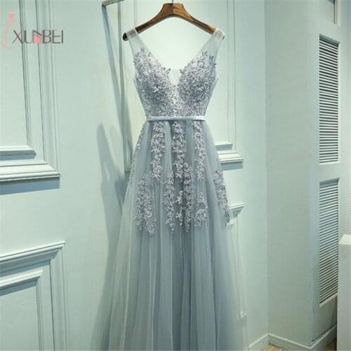 Elegant Tulle Sleeveless Silver Long Prom Dresses 2019 Applique V Neck Prom Gown vestido de gala