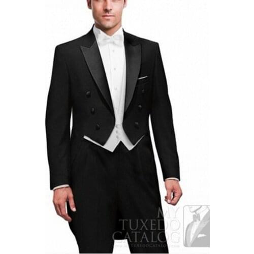 Tailcoat Style Men Suits Black Groom Tuxedos Peak Lapel Groomsmen Wedding Bridegroom 3 Pieces ( Jacket+Pants+Vest+Tie ) D115