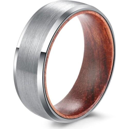 POYA TUNGSTEN Wood Inlay Ring 8mm Matte Finish Beveled Edges Wedding Band for Men Women