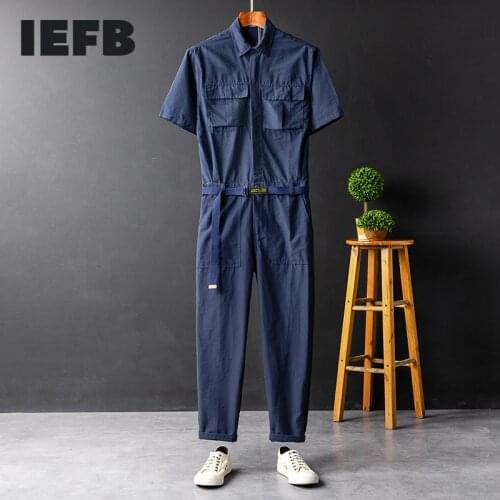 IEFB Summer Casual Short Sleeve Jumpsuit With Belt Mens And Womens Blue Yellow Work Clothes One-piece Single Breasted Trousers