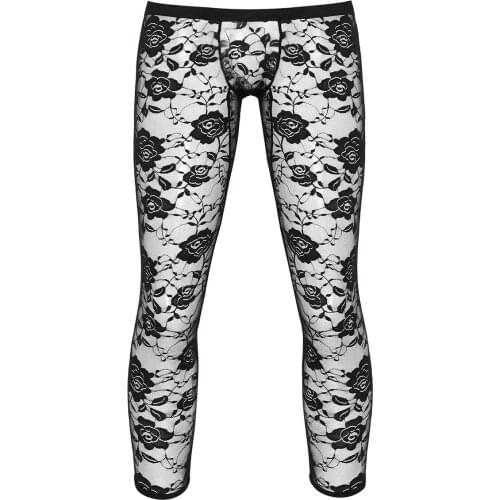 Mens Lingerie See Through Legging Pants Low Rise Bulge Pouch Sheer Floral Lace Ankle Length Stretchy Footless Tights Trousers