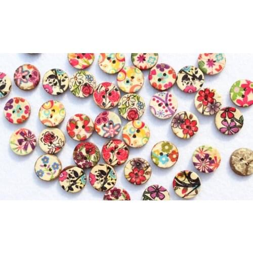 Set of 200pcs Coconut shell button painted flower mixed patterns 2 holes 15 mm