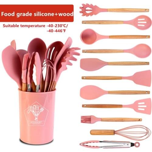 9/10/11/12pcs pink wood & silicone kitchen utensil set with stand, perfect gift