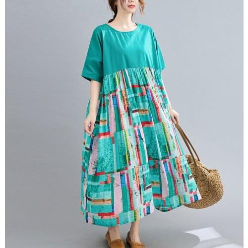 One Piece 2021 New Summer Dress Women Plus Size Beach Loose Splicing Cotton Linen Dress Oversize Holiday Bohemian Lady Vestidos