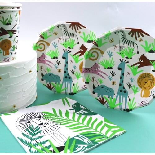 Forest Animal Cartoon Disposable Party Tableware Paper Plates Cups Straw Kids Favors Baby Shower Birthday Party Decor Supplies