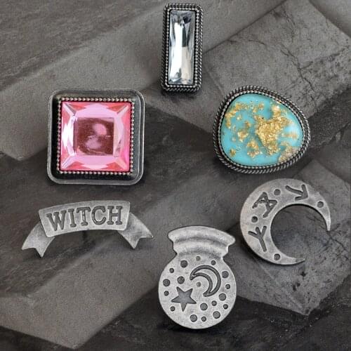 Punk Moon Star Map Rectangle Crystal ball Witch Land White Pink Rhinestones Pins Women Witch Wizard Jewelry Gift For Halloween