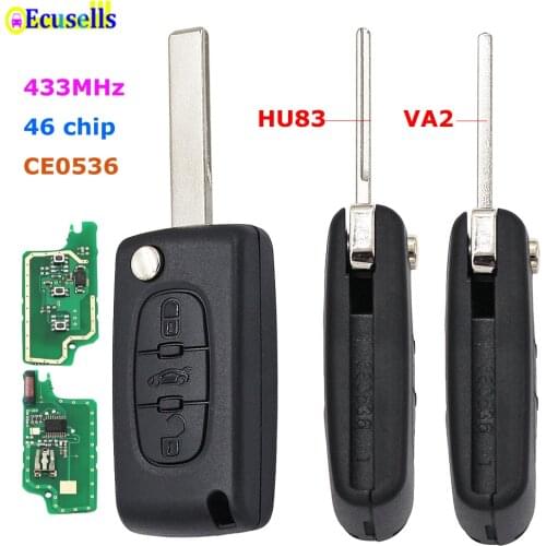 3 Button Flip full Key Remote KEY fob with ID46 Chip 433MHz for Peugeot 307 207 308 Partner CE0536 models HU83/VA2 blade