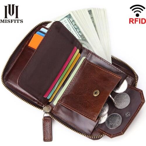 Quenya new RFID men short wallet with coin pocket genuine leather casual small zipper purse brand rivet design male card holder