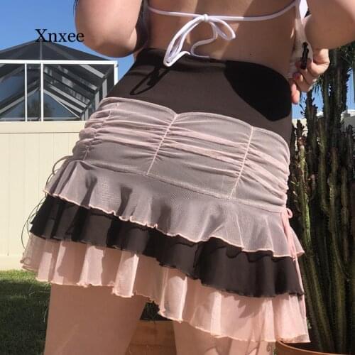 Pink Brown Pleated Skirts Fill Y2K Mini Skirts Patchwork Short Bottom Retro Slim Clubwear Women Party Outfits Fashion New Cloth