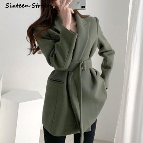 Wool Coats and Jackets Women Autumn Winter Lapel Design Double Pocket Warm Suit Coat Belt Female Korean Fashion Clothing Chic