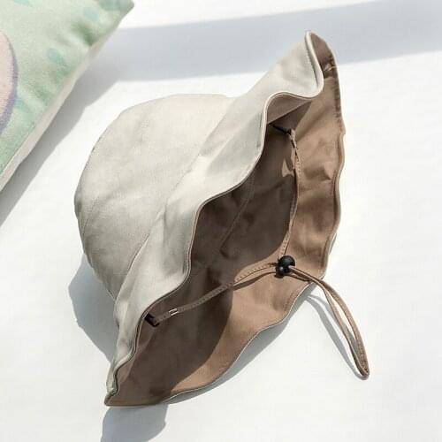 Women Bucket Hat Cotton Double Sided Wearing Japanese Style Anti UV Fisherman Hat Female Big Eaves Sun Hat with Windproof Rope