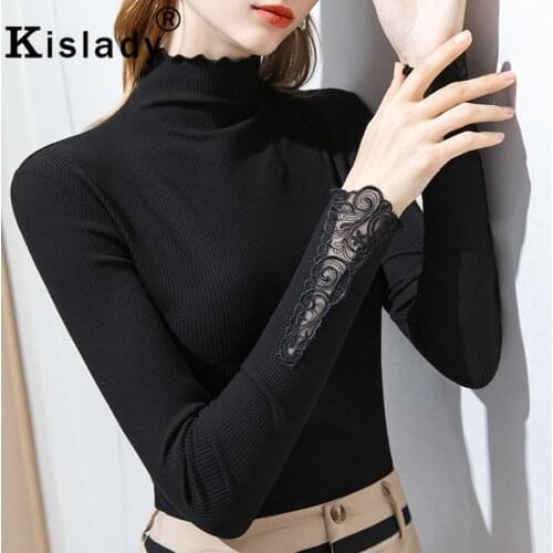 2021 Kislady Tops Petal Sleeve Gothic Women Shirt Sexy Turtleneck Hollow Out Slim Shirts Korean Winter OL Fashion Solid Clothes