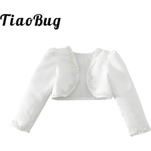 Adorable Girls Satin Ivory Kids Girls Long Sleeves Beaded Bolero Jacket Shrug Short Cardigan Dress Pageant Wedding Wrap Jacket