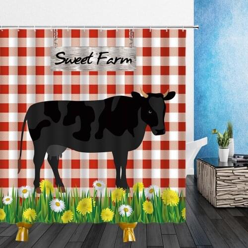 Farm Animal Shower Curtains Farmhouse Poultry Cow Butterfly Green Grass Wooden Board Retro Bathroom Set Fabric Curtain with Hook