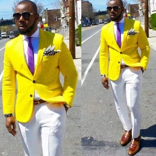 Yellow Slim fit Casual Prom Men Suits with White Pants 2020 Two piece Man Fashion Groomsmen Tuxedo Blazer Wedding Costume