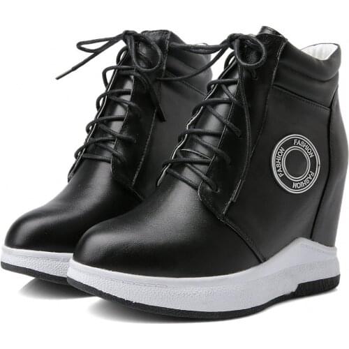 Casual Shoes Women Lace Up Cow Leather Wedges High Heel Ankle Boots Female High Top Fashion Sneakers Chunky Platform Pumps Shoes