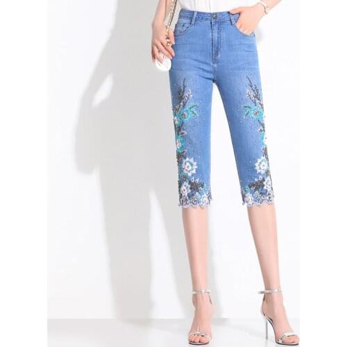 FERZIGE New Summer Blue Straight Stretch Luxury Jeans Women High Quality Handmade Beading Embroidery Pants Female Plus Size 36