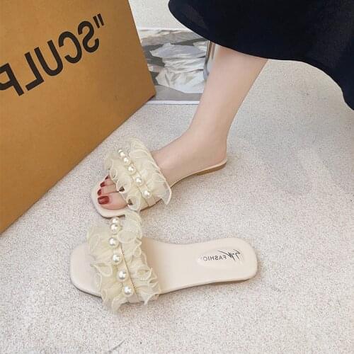 Women Sandals Slippers Lace Flowers Pearls Lovely Girls Shoes Gauze Pearl Sandals for Women Sandals Women 2020 Open Toe Shoes