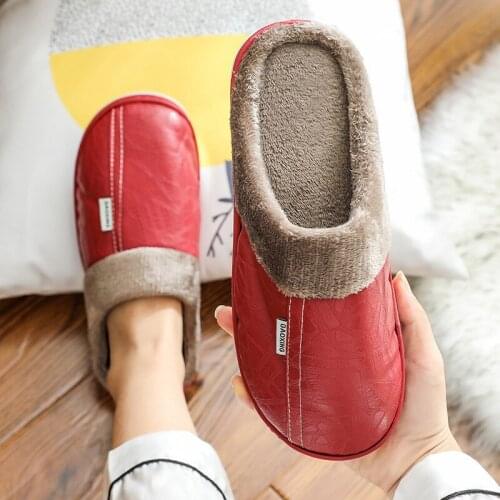 Womens slippers Winter PU Waterproof Slippers Men slip on plush Warm Best slippers for women house Flat Home Memory foam slipper