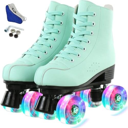 Women Green PU Leather Roller Skates Skating Shoes Sliding Inline Quad Skates Sneakers Training Europe Size 4 Wheels Flash Wheel