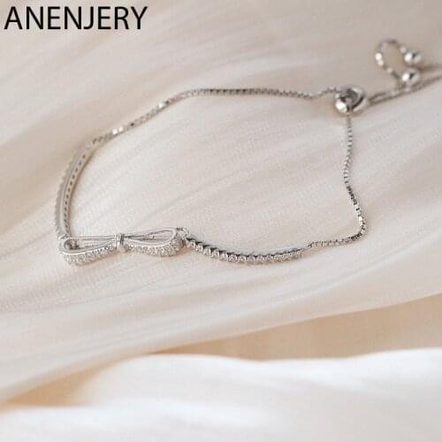 ANENJERY 925 Sterling Silver Shiny Zircon Bow-Knot Bracelet For Women Light Luxury Exquisite Bracelet Hot Jewelry Gifts