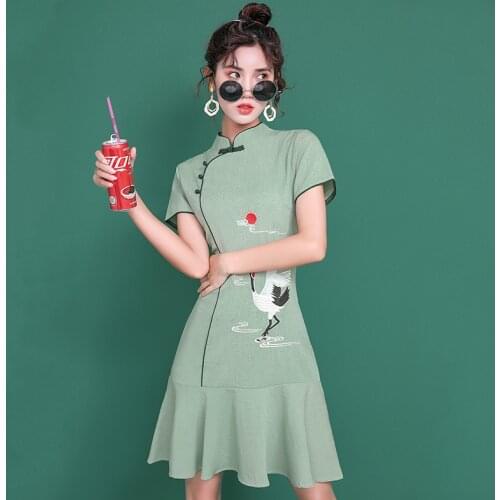 Summer New Womens Chinese Style Improved Cheongsam Short Sleeve Daily Slim Embroidery Short Dress Women