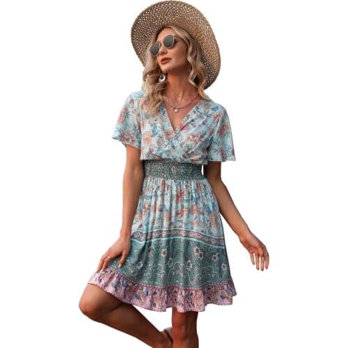 Women Summer Dress High Waist V-neck Short Sleeve Boho Printed Dress
