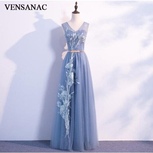VENSANAC A Line V Neck Lace Appliques 2018 Long Evening Dresses Elegant Metal Leaf Sash Backless Party Prom Gowns