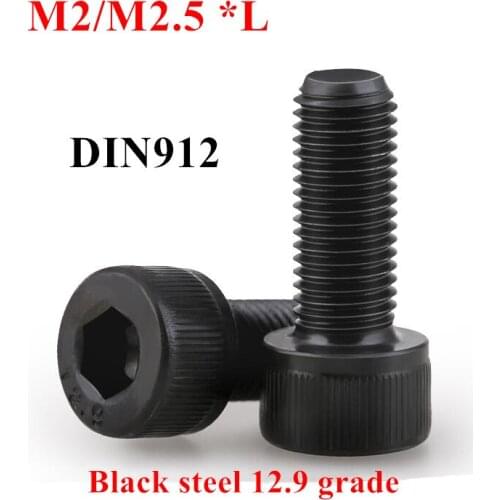 100pcs DIN912 Thread M2 M2.5 Black grade 12.9 Alloy Steel Hexagon Socket Hex Head Cap Screw Screws Cylinder Allen Bolts