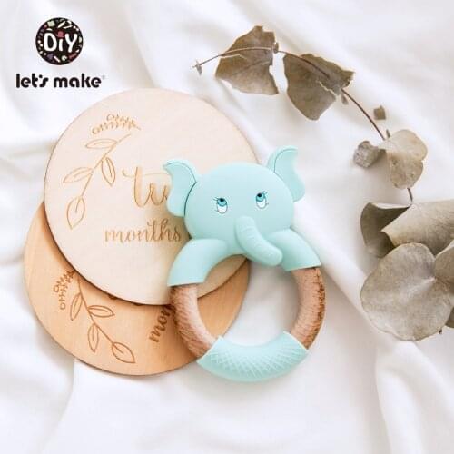Lets Make Wooden Ring Wood Teether Teething Ring Elephant Anilmal Cartoon BPA Free 1PC 4-6 Months Beech Round Silicone Teether