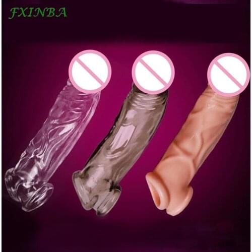 FXINBA 17cm Elastic Condom Reusable Penis Extender Sleeve Delay Ejaculation Penis Enlargement Sex Toys For Men Intimate Goods