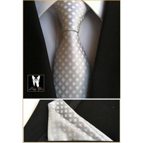 Tie Hot Sale 8cm Designer Necktie SET Silver Geometric Diamond Plaids Ties with Handkerchief