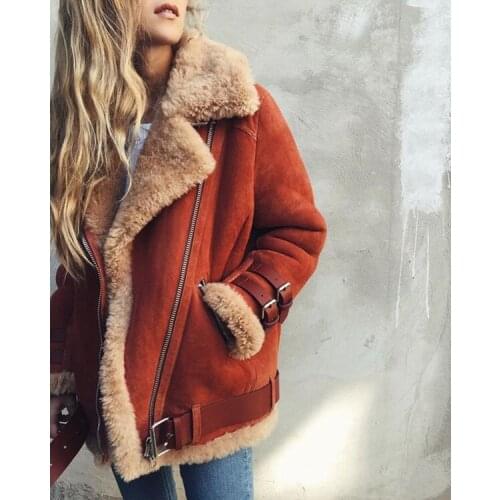 Hot Sale Woman Locomotive Suede Lamb Wool Coat Short Fur Turn Down Collar Winter Warm Jacket Fashion Lady Outwear Plus Size